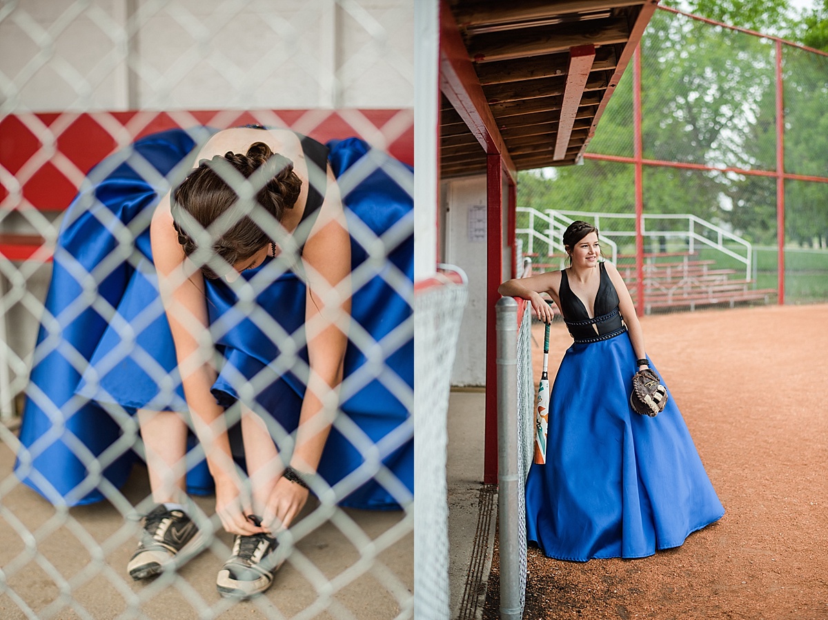 Grad photos at the Ball Diamond | Stettler Grad Photos | grad dress, ball glove and baseball field